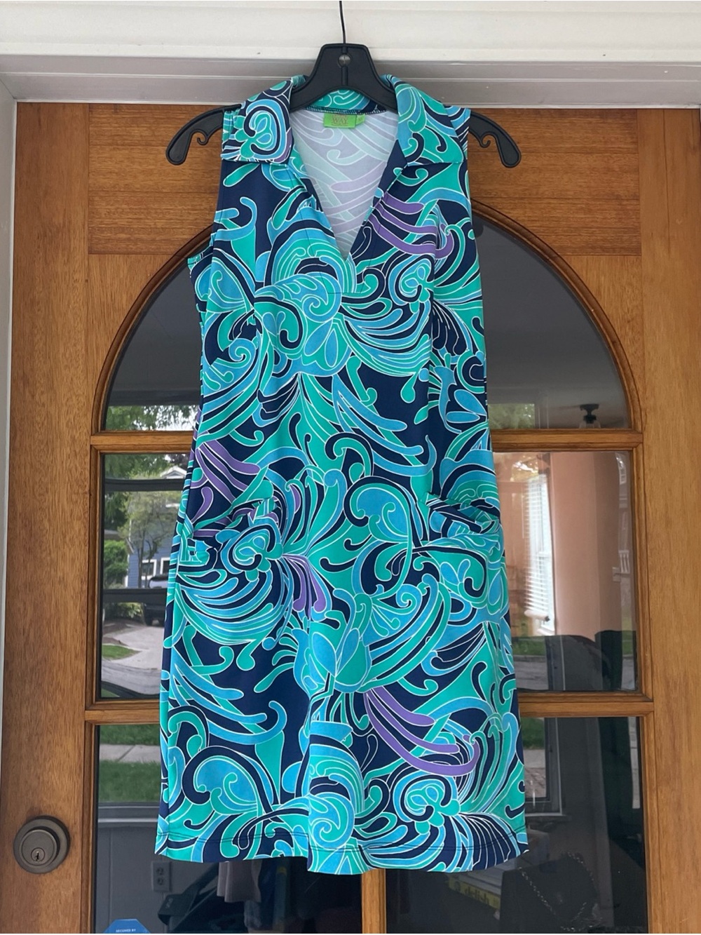 Katherine Way Women's Sleeveless Tunic Dress Navy Blue Green Pattern Size XS